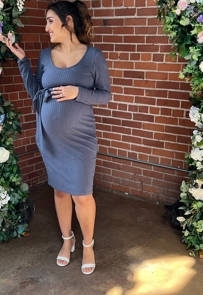 Long Sleeve Ribbed Tie Maternity Dress