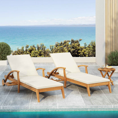 Acacia Wood Outdoor Chaise Lounge with Wheels – Adjustable Patio Recliner with Cream Cushion