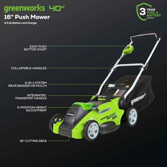 Greenworks 40V 16-inch Cordless Lawn Mower, 4.0 Ah Battery and Charger Included 25242 🍁 All In One Marketplace Canada