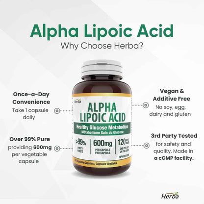 Herba Alpha Lipoic Acid 600mg – 120 Capsules | >99% Ultra Pure | Made in Canada | Blood Sugar Support Supplement 🍁 All In One Marketplace Canada