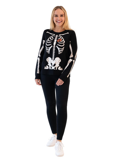 Blizzard Bay Women's Halloween Crew Neck, Long Sleeve, Sweater, Black Skeleton, Medium