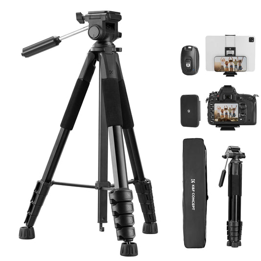 K&F CONCEPT 75" Lightweight Tripod, Camera Compact Tripod with Remote and 2-in-1 Phone Holder,Travel Phone Tripod with Removable 3-Way Pan Head for Selfie/Video Recording/Photo/Live Stream/Vlog 🍁 All In One Marketplace Canada
