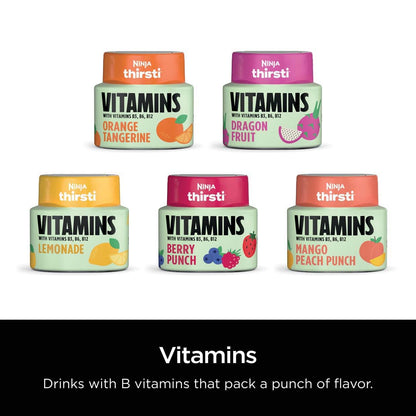 Ninja Thirsti VITAMINS Lemonade Flavoured Water Drops with Vitamins B3, B6, B12 and 0 calories*, 0 sugar* (*per 12oz classic serving) . Turn water into refreshing fruit-flavoured sparkling or still drinks with Ninja Thirsti Vitamins Flavoured Water Drops,