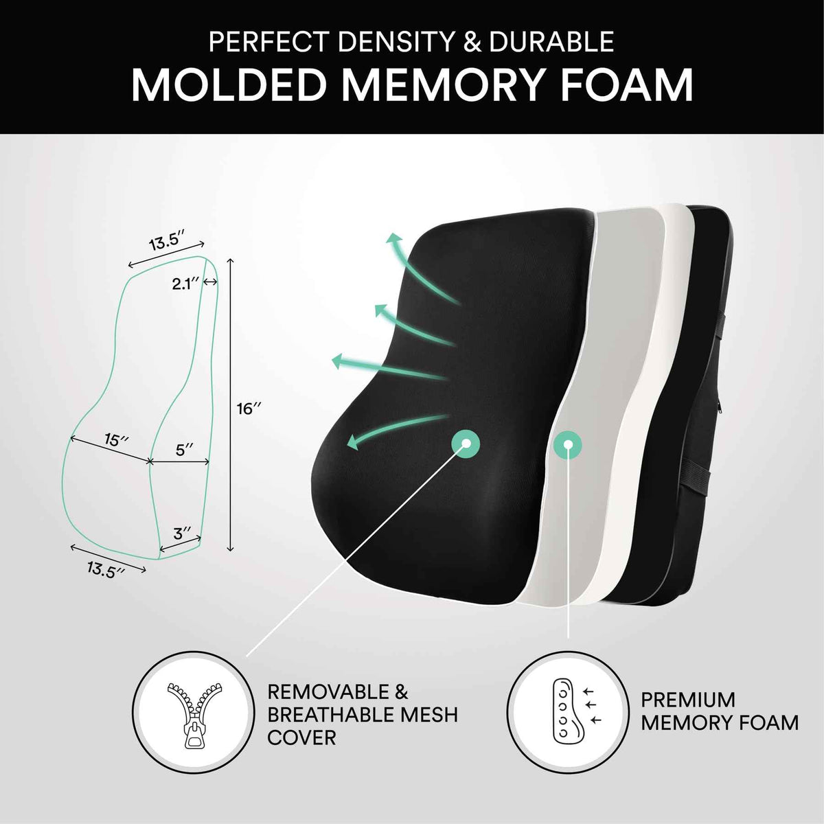 ObusForme Memory-Foam Lumbar Pillow Back Cushion – Dual-Strap Support for Office Chair, Car Seat & Gaming Chair, Breathable Washable Cover, Reversible Upper/Lower-Back Design, Black