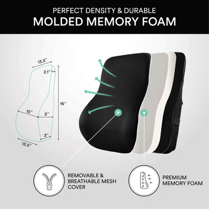 ObusForme Memory-Foam Lumbar Pillow Back Cushion – Dual-Strap Support for Office Chair, Car Seat & Gaming Chair, Breathable Washable Cover, Reversible Upper/Lower-Back Design, Black