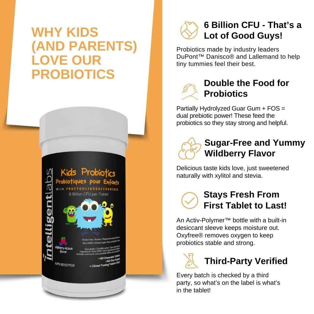 Intelligent Labs Kids/Children Probiotics 6 Billion CFU with Prebiotics, PHGG & FOS, Once-Daily Chewable, Great Taste, 10x Effectiveness, 60-Day Supply, Third-Party Verified 🍁 All In One Marketplace Canada