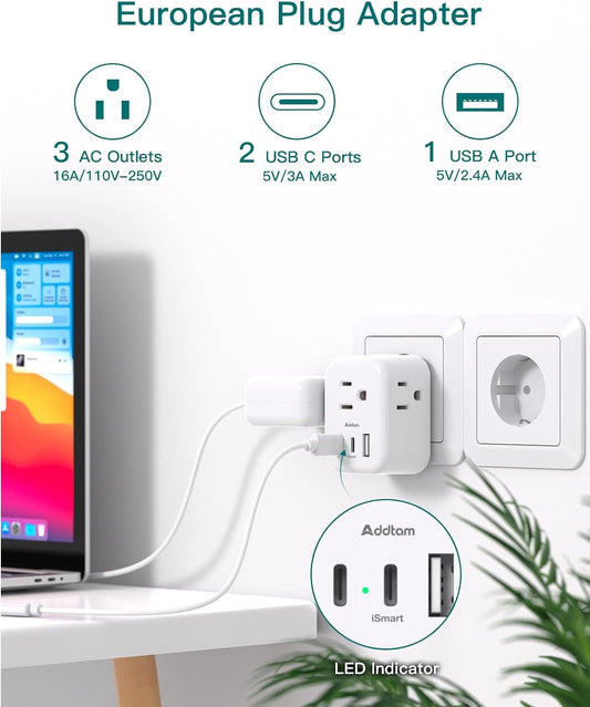 [2 Pack] European Travel Plug Adapter, International Power Plug Adapter with 3 Outlets 3 USB Charging Ports(2 USB C), Travel Essentials to Italy,Greece,Israel,France, Spain (Type C) 🍁 All In One Marketplace Canada