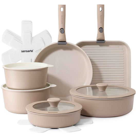 SENSARTE 17 Piece Ceramic Pots and Pans Set, Nonstick Detachable Handle Cookware, Induction Kitchen Cookware Set with Removable Handle, Dishwasher ＆ Oven Safe (Almond Beige) 🍁 All In One Marketplace Canada