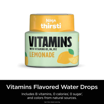 Ninja Thirsti VITAMINS Lemonade Flavoured Water Drops with Vitamins B3, B6, B12 and 0 calories*, 0 sugar* (*per 12oz classic serving) . Turn water into refreshing fruit-flavoured sparkling or still drinks with Ninja Thirsti Vitamins Flavoured Water Drops,