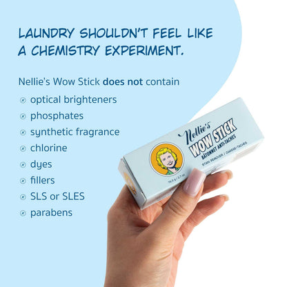 Nellie's Wow Stick - Stain Remover for Fabrics & Clothes - Cleans Grass, Makeup, Wine, Grease, Coffee, Blood and Pet Stains for Fabrics, Laundry, and More - Plant-Based & Eco-Friendly (2.7 oz.) 🍁 All In One Marketplace Canada