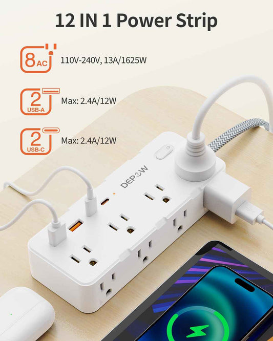 DEPOW Power Bar Surge Protector with 5FT Braided Flat Extension Cord, Wall Mount Charging Station with 8 Outlets 4 USB Ports(2 USB C), Ultra Thin Flat Plug for Home Office, Dorm, Hotel, Travel 🍁 All In One Marketplace Canada