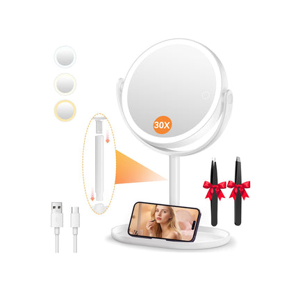 Auxmir 30X/1X Magnifying Mirror with Light, Double-Sided Makeup Mirror with Storage Base&Touch Control, Rechargeable Vanity Mirror with 360°Rotation for Dressing Table Bathroom Bedroom Travel 🍁 All In One Marketplace Canada