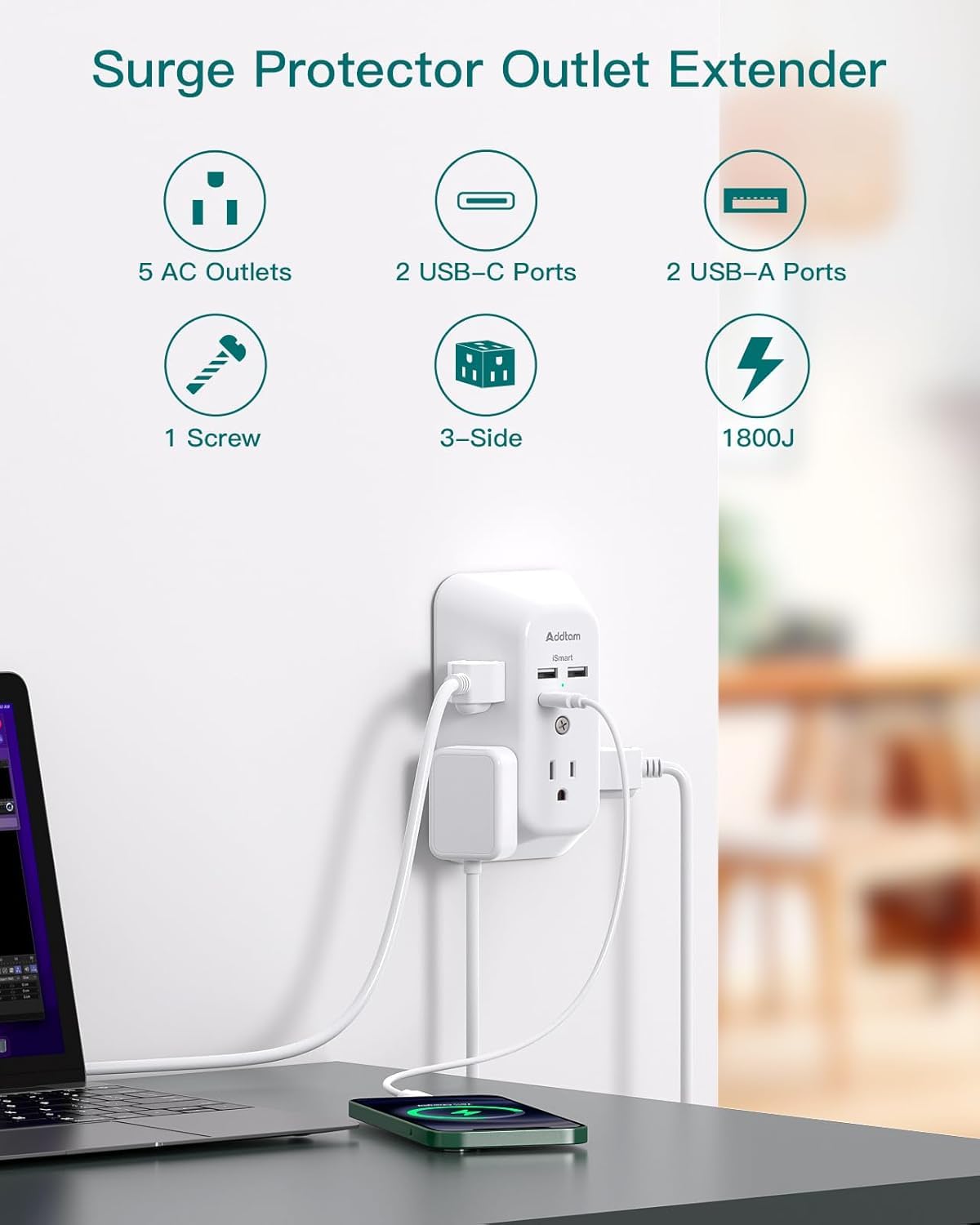 2 Pack USB Wall Charger Surge Protector, Multi Plug Outlet with 5 Outlet Extender and 4 USB Charging Ports (2 USB C Outlet) 3 Sided 1800J Power Bar for Home Travel Office 🍁 All In One Marketplace Canada