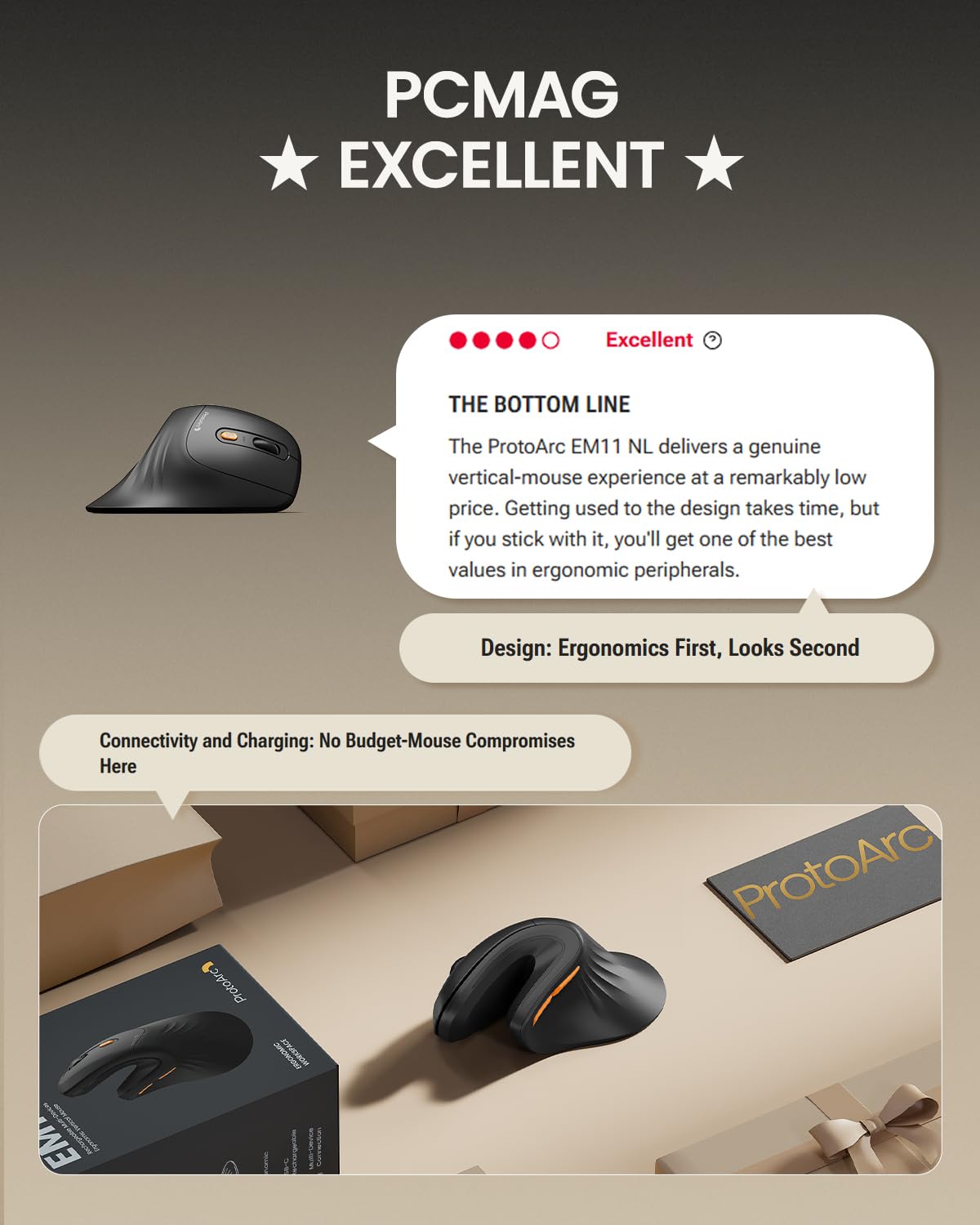 ProtoArc Ergonomic Vertical Mouse, EM11 NL Bluetooth Mouse Wireless Rechargeable Mice with 3 Devices (Bluetooth or USB), Vertical Wireless Mouse for Computer, iPad, Mac, Windows (Black) 🍁 All In One Marketplace Canada