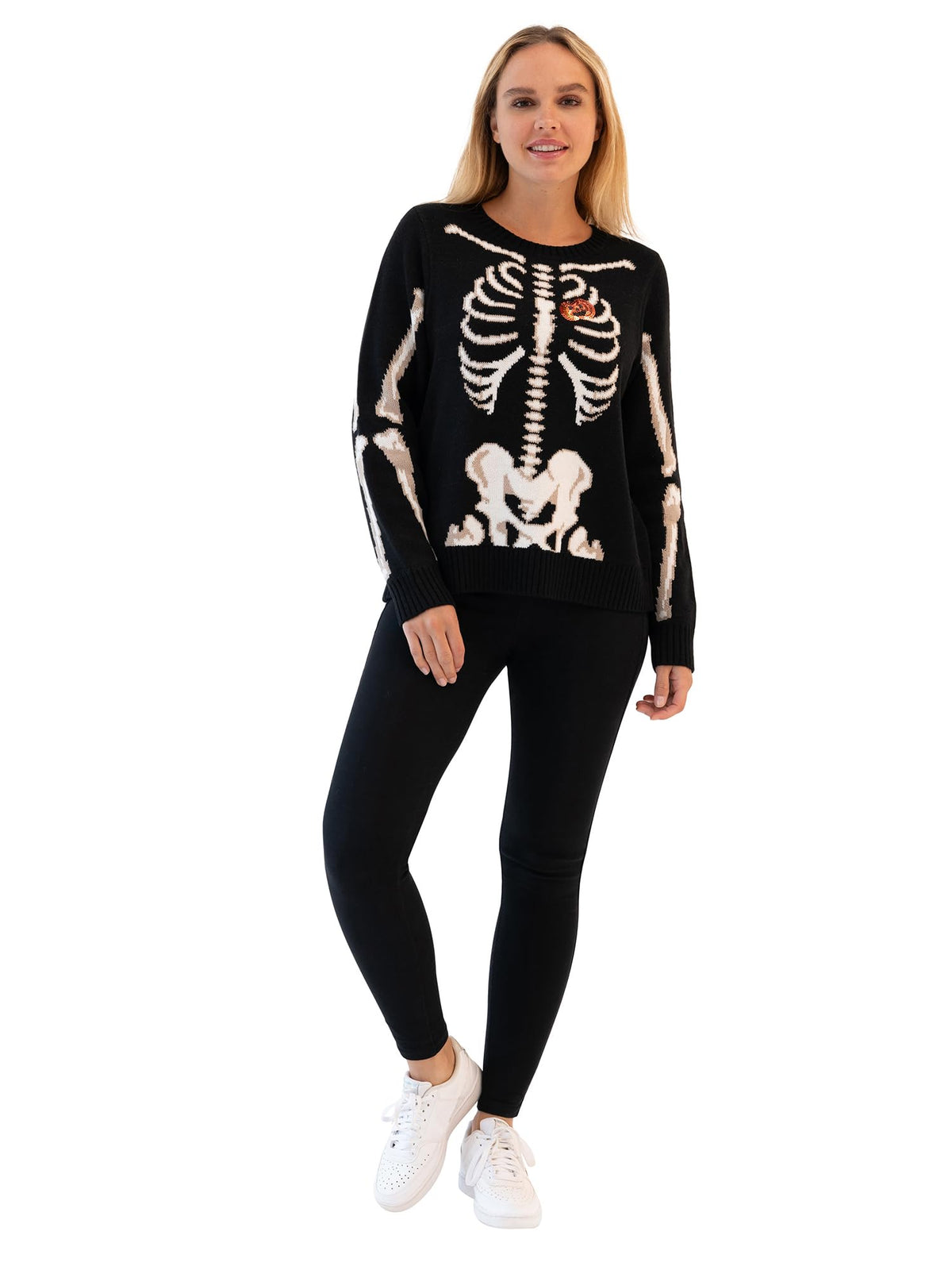 Blizzard Bay Women's Halloween Crew Neck, Long Sleeve, Sweater, Black Skeleton, Medium