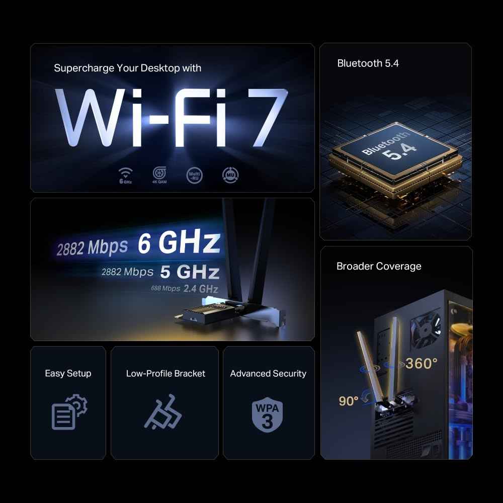 TP-Link Wi-Fi 7 BE6500 PCIe WiFi Card for Desktop PC (Archer TBE400E) - Bluetooth 5.4, WPA3,Tri-Band 2882 Mbps,Multi-Directional Antennas, and USB Drive for Fast Installation (Windows 11 Only) 🍁 All In One Marketplace Canada