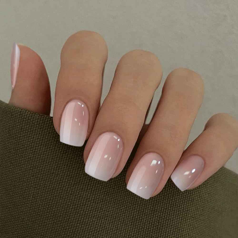Curvlife 30pcs Short Press On Nails, Shining Stick on Fake Nails Design Glossy Acrylic Nails Tips Glue on Square Press on Nails For Women False Nail Kit With Nail Glue (French Gradient Pink) 🍁 All In One Marketplace Canada
