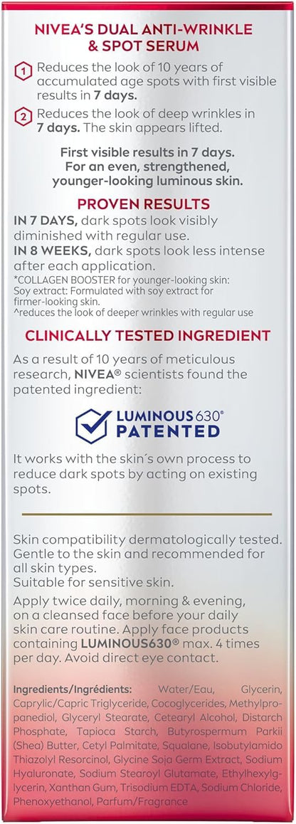 NIVEA LUMINOUS630 Anti-Wrinkle & Spot Face Serum, Hyaluronic Acid, 30mL 🍁 All In One Marketplace Canada