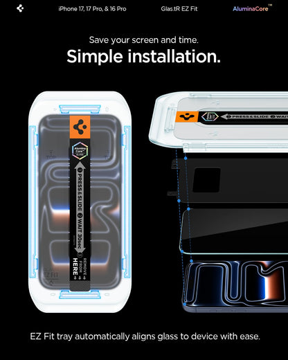 Spigen AluminaCore Tempered Glass Screen Protector [Glas.tR EZ Fit] designed for iPhone 17 Pro | iPhone 17 | iPhone 16 Pro [2 Pack] 9H+ Hardness, Aluminum-Enhanced Durability 🍁 All In One Marketplace Canada