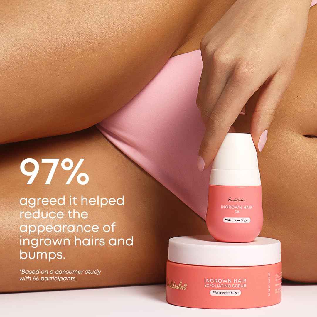 Bushbalm Ingrown Hair 2 Step Routine - Moisturize and Soothe - Ingrown Hair Oil (30 ml), Exfoliating Scrub (236 ml) - Watermelon Sugar - Valued at $49 🍁 All In One Marketplace Canada