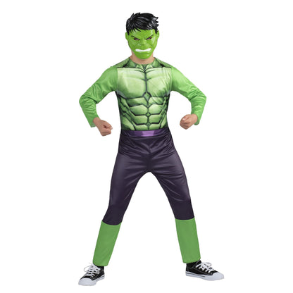 Marvel Hulk Official Youth Halloween Costume - Premium Quality Fabric Jumpsuit with Printed Design and Plastic Mask (Large) Green
