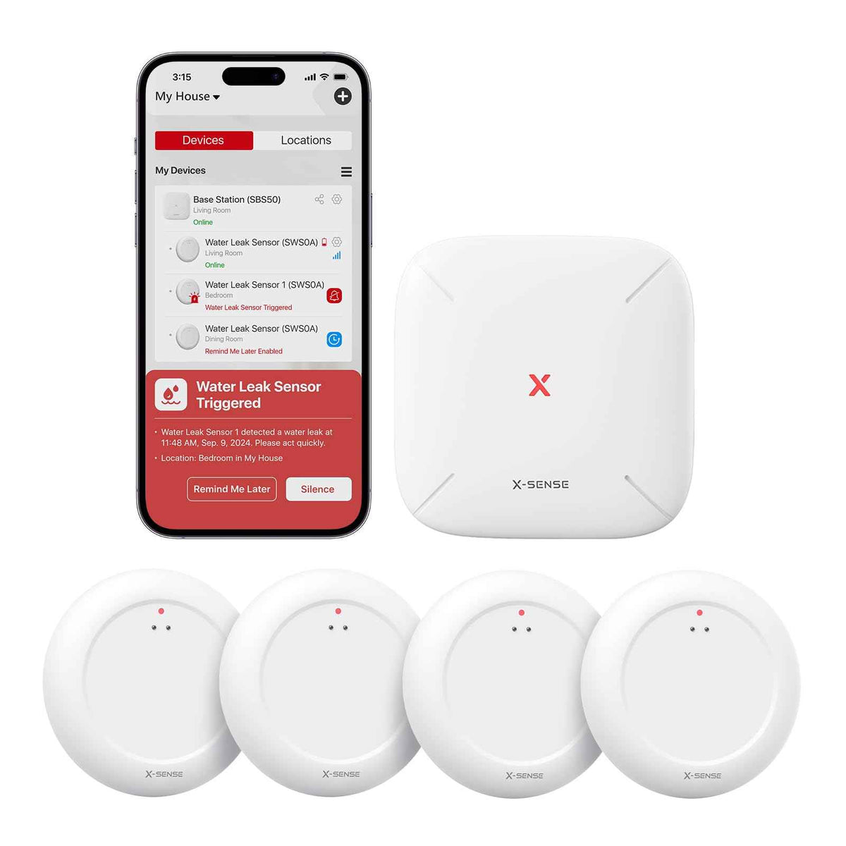 X-Sense Wi-Fi Water Leak Detector Kit, Smart Water Sensor Alarm with App Alerts and Ultra-Slim Design, Water Alarm Leak Detector for Basements, 4 Water Sensors and 1 Base Station, Model SWS0A41 🍁 All In One Marketplace Canada