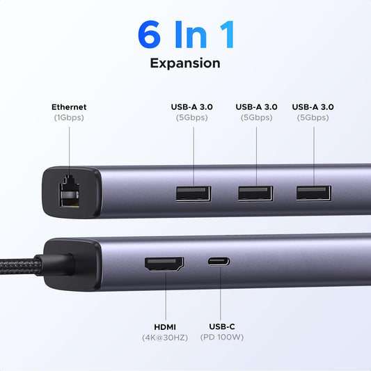 UGREEN Revodok USB C Hub 6-in-1, USB C to Ethernet Adapter with RJ45, 4K@30Hz HDMI, 3 USB 5Gbps, 100W Power Delivery, Compatible with MacBook Neo/Air/Pro,HP, ASUS, XPS13/15, Mac mini,iPad Pro and More 🍁 All In One Marketplace Canada