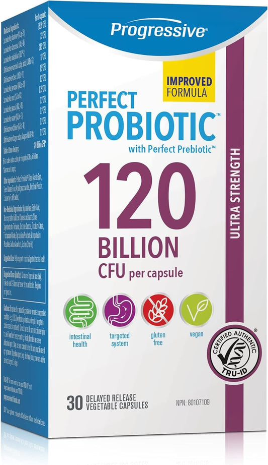 Progressive Perfect Probiotic 120 Billion CFU, Ultra-Strength 11-Strain Formula + Prebiotic Blend, with Lactobacillus plantarum and L. rhamnosus, Delayed-Release Guaranteed Potency, DNA-Verified, Gut and Digestive Support, 30 Vegan Capsules