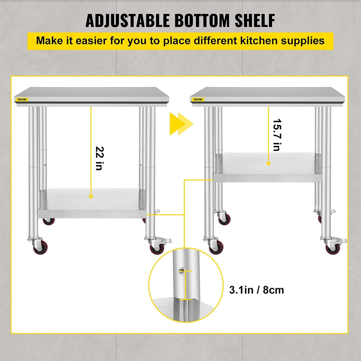VEVOR Stainless Steel Work Table with Wheels 24 x 30 Prep Table with casters Heavy Duty Work Table for Commercial Kitchen Restaurant Business 🍁 All In One Marketplace Canada