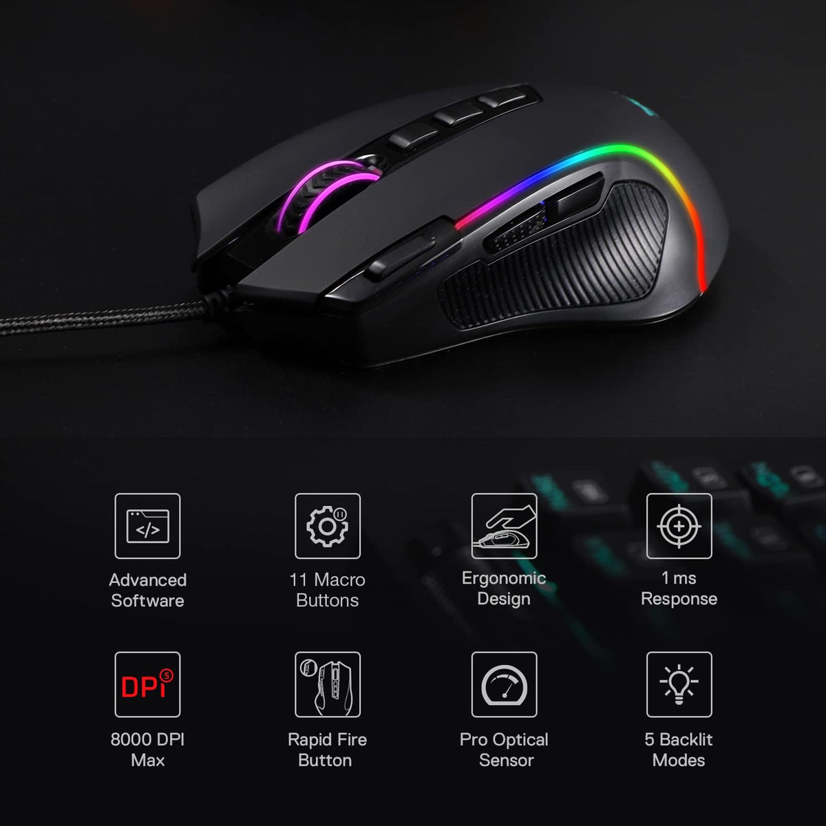 Redragon M612 Predator RGB Gaming Mouse, 8000 DPI Wired Optical Mouse with 11 Programmable Buttons & 5 Backlit Modes, Software Supports DIY Keybinds Rapid Fire Button 🍁 All In One Marketplace Canada