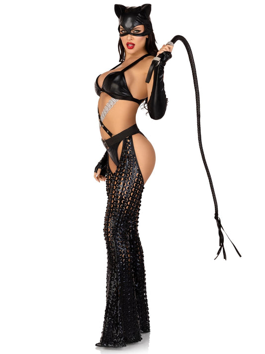 Leg Avenue Women’s 3 PC Mistress Kitty Halloween Costume with Catsuit, SMALL, Black