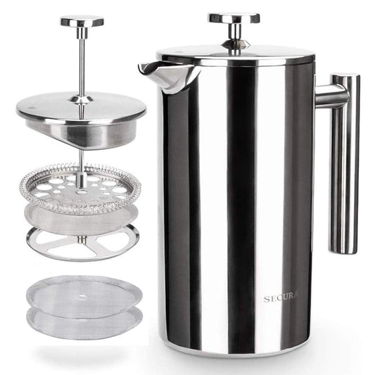 Secura French Press Coffee Maker, 304 Grade Stainless Steel Insulated Coffee Press with 2 Extra Screens, 34oz (1 Litre), Silver 🍁 All In One Marketplace Canada