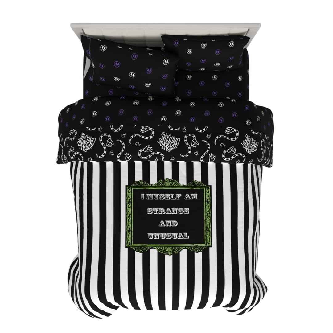Franco Collectibles Beetlejuice Halloween Striped Bedding 5 Piece Super Soft Reversible Comforter and Sheet Set, Queen, (Officially Licensed Product)