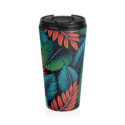 Tropical Leaf Pattern Travel Mug | Colorful Botanical Stainless Steel - AURABAGS SHOP