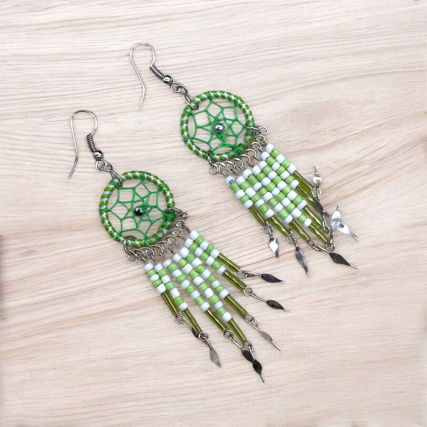 Green and White Beaded Dreamcatcher earrings