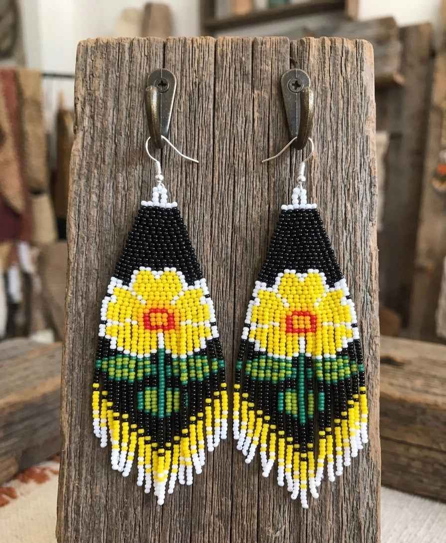 Flower Beaded Earrings ( Yellow )