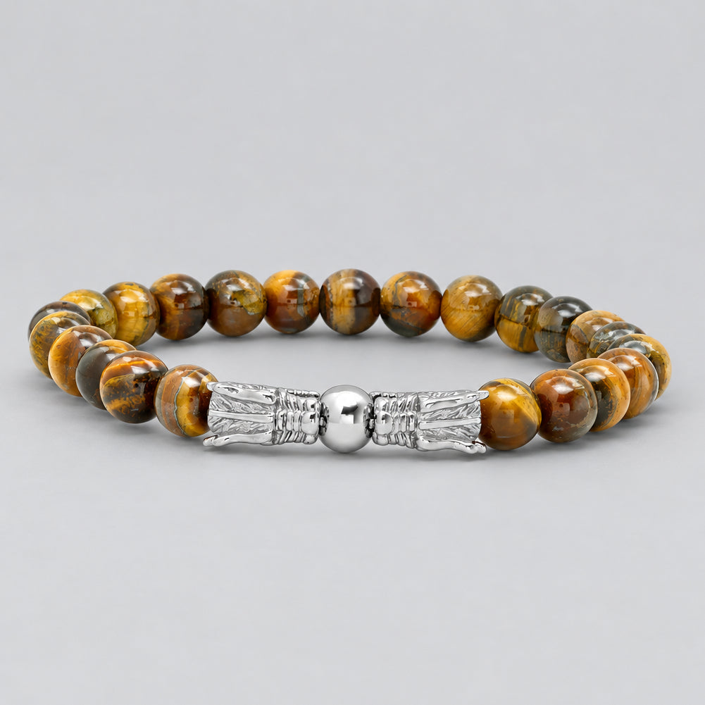 Men’s Tiger Eye Bead & Stainless Steel Dragon Head Biker Stretch Bracelet