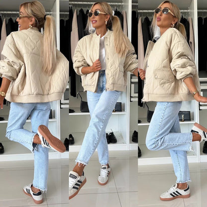 Winter Stitched Jacket Chic Fashion Casual Buckle Coat for Women (US Delivery Only)