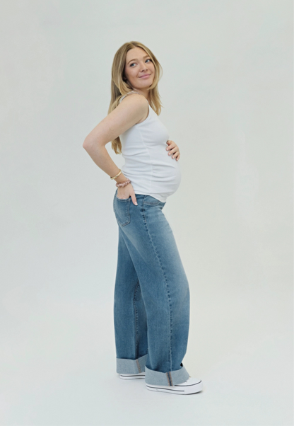 Maternity Roll Cuff Wide Leg Jean w/ Bellyband in Willa
