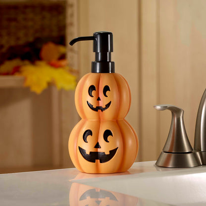 Avanti Linens – Soap Dispenser, Decorative Lotion Pump for Bathroom or Kitchen Countertop, Hand Painted Resin Halloween Decor (Stacked Pumpkins)