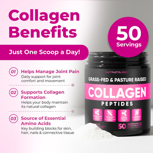 Nutratology® Collagen Powder | Grass-Fed & Canadian-Made | Dissolves Easily | 50 Servings | Supports Healthy Hair, Skin, Nails, & Joints | Hydrolyzed Collagen Peptides Type 1 & 3 | Unflavoured | 500G 🍁 All In One Marketplace Canada