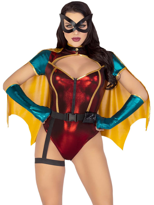 Leg Avenue Women’s 5 PC Sultry Sidekick Halloween Costume with Cape and Gloves, MEDIUM