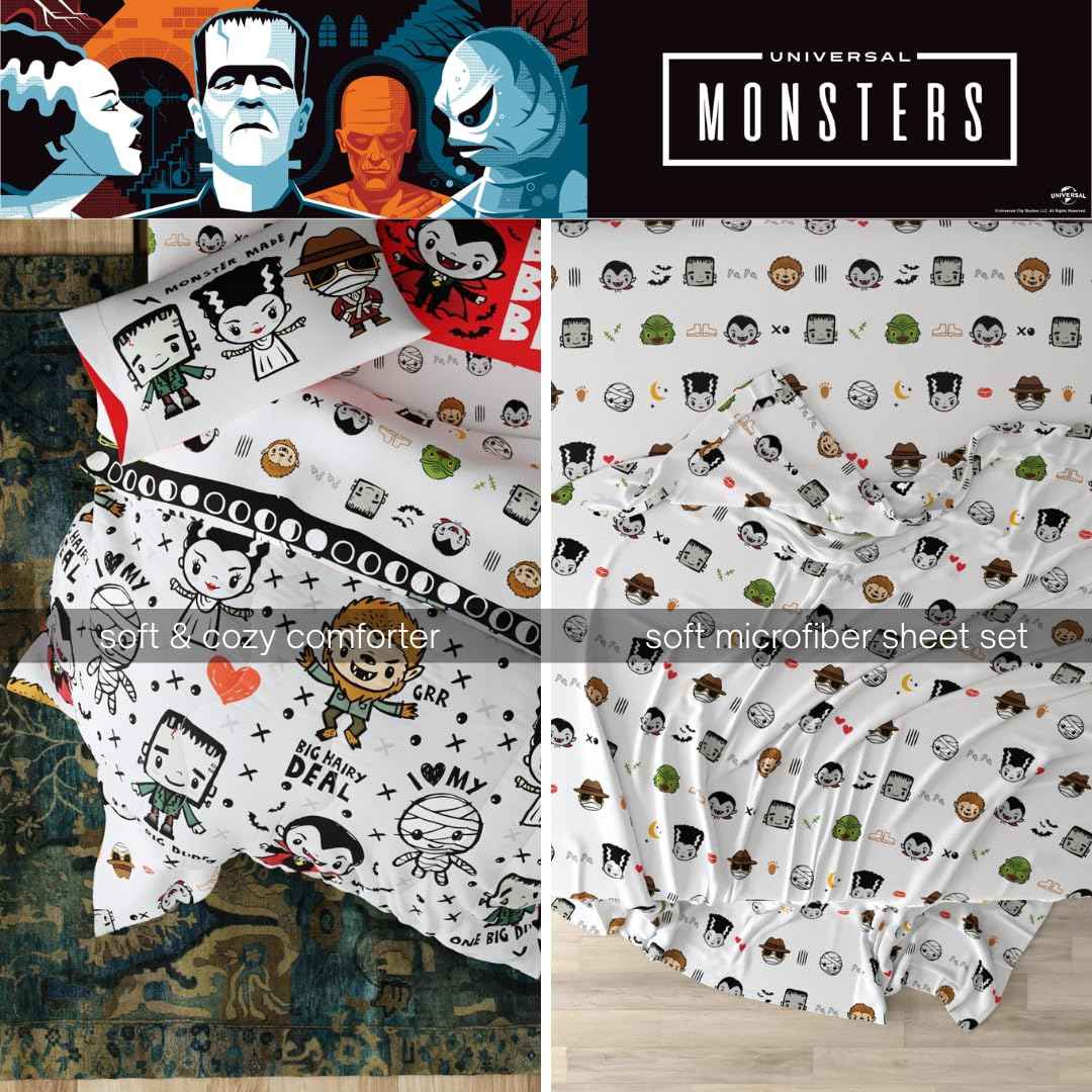 Universal Little Monsters Halloween Full Bed Set – Super Soft & Cozy 5 Piece Reversible Comforter and Sheet Set Featuring Snoopy & Charlie Brown, (Officially Licensed Product) by Franco