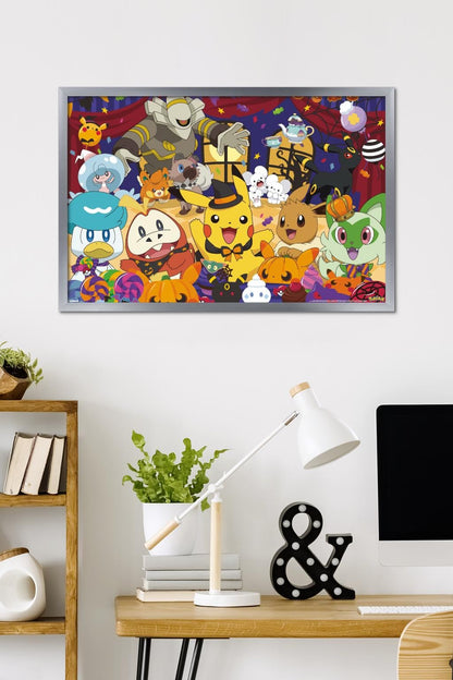 Pokémon: Halloween Party- Group Wall Poster, 34L" x 22.4W", Silver Framed Version