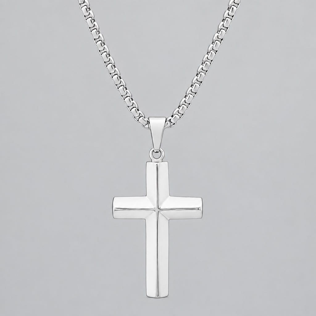 Men’s Stainless Steel Knife-Edge Cross Pendant Necklace. Polished Biker Jewellery