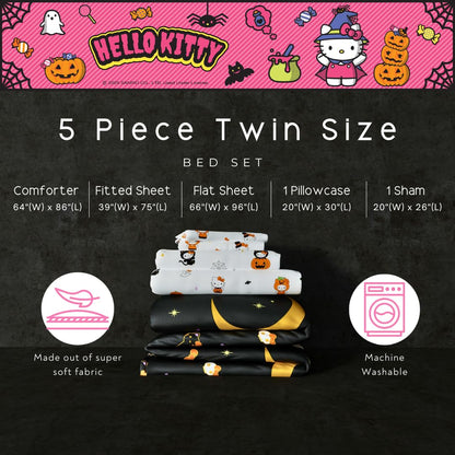 Sanrio Hello Kitty Halloween Pumpkin Twin Bed Set – Super Soft & Cozy 4 Piece Reversible Comforter and Sheet Set (Officially Licensed Product) by Franco