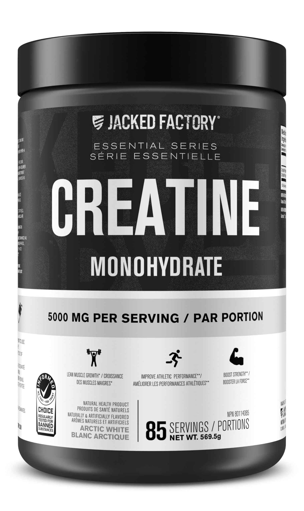 Jacked Factory Creatine Monohydrate Powder - Canadian-Owned Informed Choice Certified Supplement for Increased Muscle Mass*, Improved Strength, Power, & Performance** - 85 Servings, Arctic White 🍁 All In One Marketplace Canada