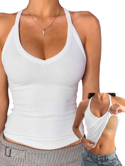 Danysu V Neck Cotton Tank Tops with Built-in Shelf Bra Sleeveless Racerback Fitted Basic Cami Shirts Bright White S 🍁 All In One Marketplace Canada