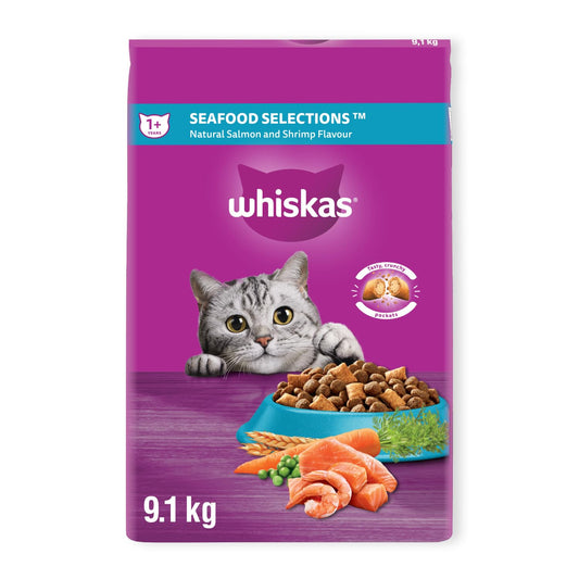 WHISKAS Seafood Selections Adult Dry Cat Food With Natural Salmon and Shrimp Flavour, Large 9.1kg Bag 🍁 All In One Marketplace Canada