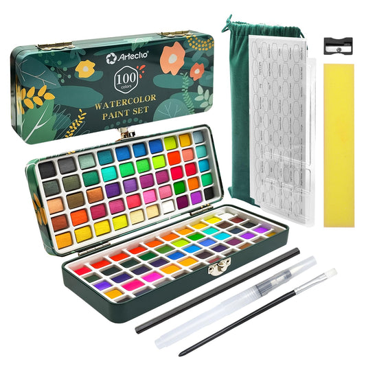Artecho Watercolor Paint Set 100 Colors in Portable Box Including, Travel Watercolor Set with Watercolor Papers, Brushes and other Tools, Idea for Artists and Hobbyists 🍁 All In One Marketplace Canada
